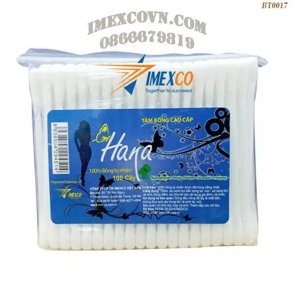 Tăm bông Hana lõi nhựa gói Poly 100 que- BT0017